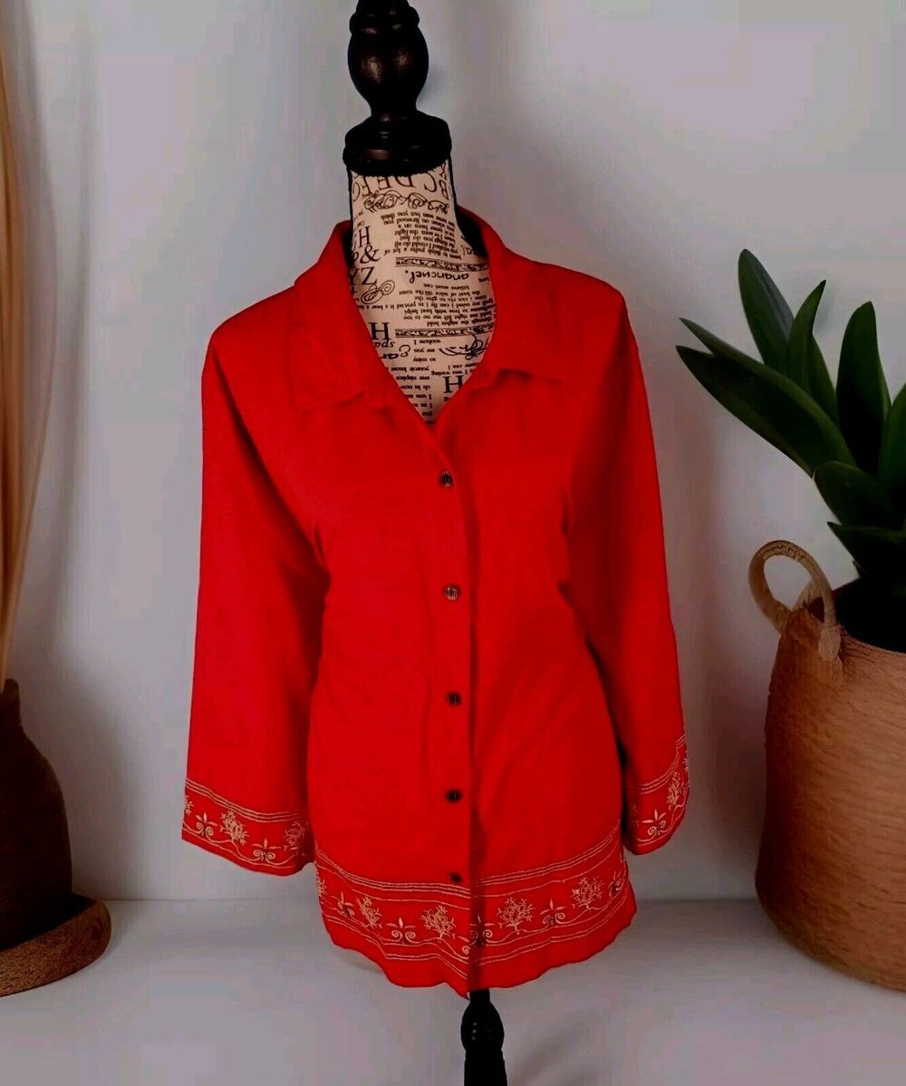Eric London Silk Blouse Sz 2x Red Embroidery Button Up Lightweight